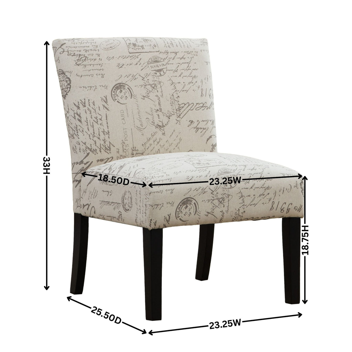 Botticelli English Letter Print Fabric Armless Contemporary Accent Chair
