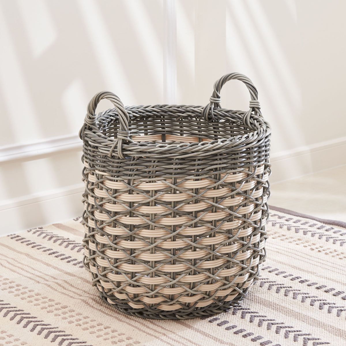 Zita Round Resin Woven Wicker Multi-Use Storage Basket with Handles - 18" x 18" x 19.6" - White-Gray - For Towel, Toys, Magazines Storage and Home Decoration