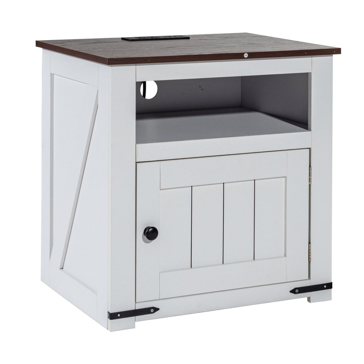 VEVOR Farmhouse End Table, Square Night Stand with USB Ports and Outlets, 3 Tiers End Table Side Table Coffee Table with Storage Cabinet, Ideal for Living Room, Bedroom, Office, White