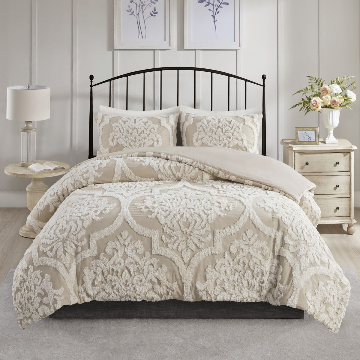 3 piece Tufted Cotton Chenille Damask Comforter Set