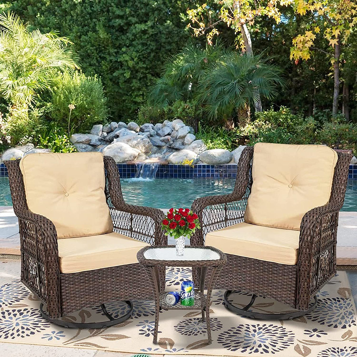 Outdoor Bistro Set 3 Pieces;  Outdoor Resin Wicker Swivel Rocker Patio Chair;  360-Degree Swivel Rocking Chairs and Tempered Glass Top Side Coffee Table;  Outdoor Rattan Conversation Sets