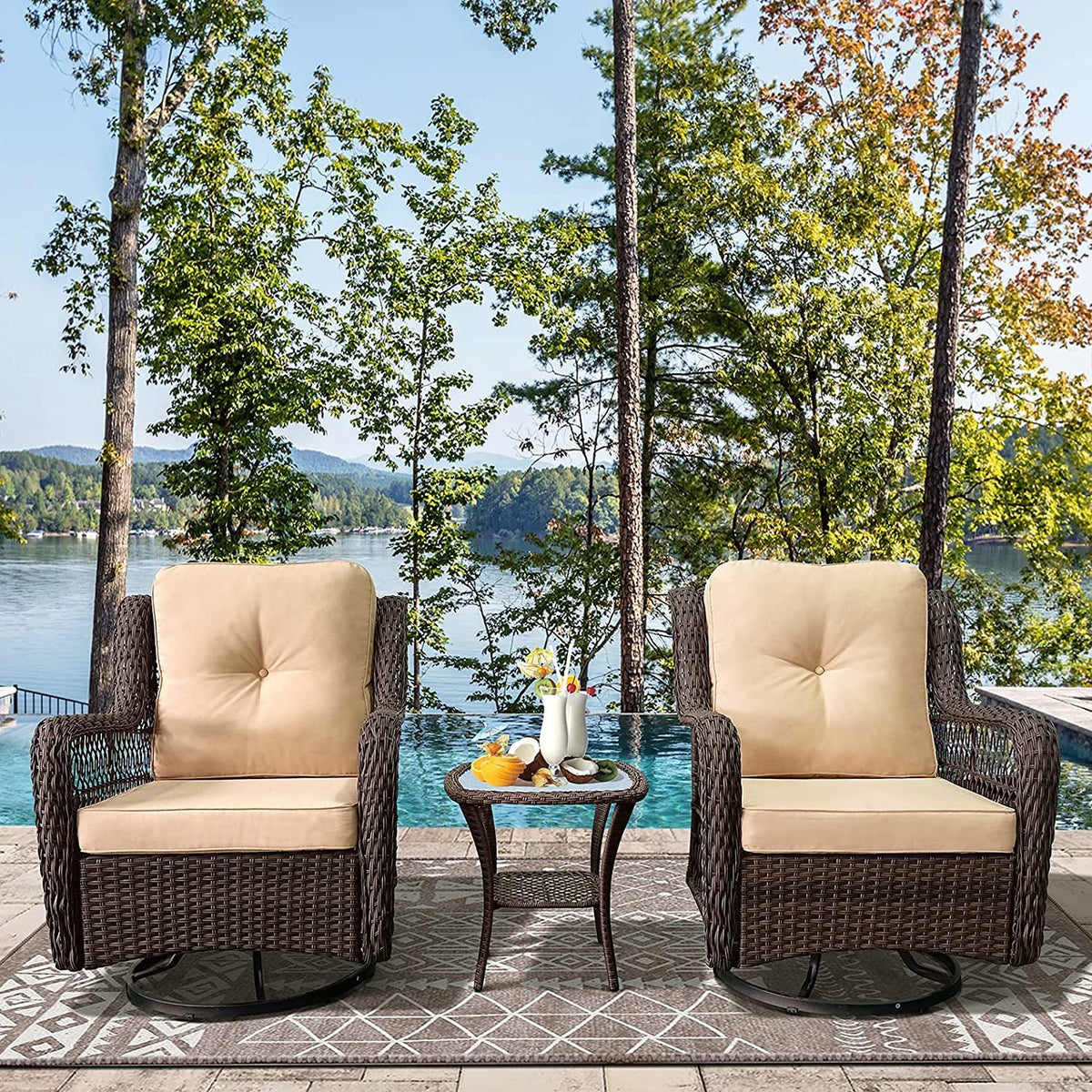 Outdoor Bistro Set 3 Pieces;  Outdoor Resin Wicker Swivel Rocker Patio Chair;  360-Degree Swivel Rocking Chairs and Tempered Glass Top Side Coffee Table;  Outdoor Rattan Conversation Sets