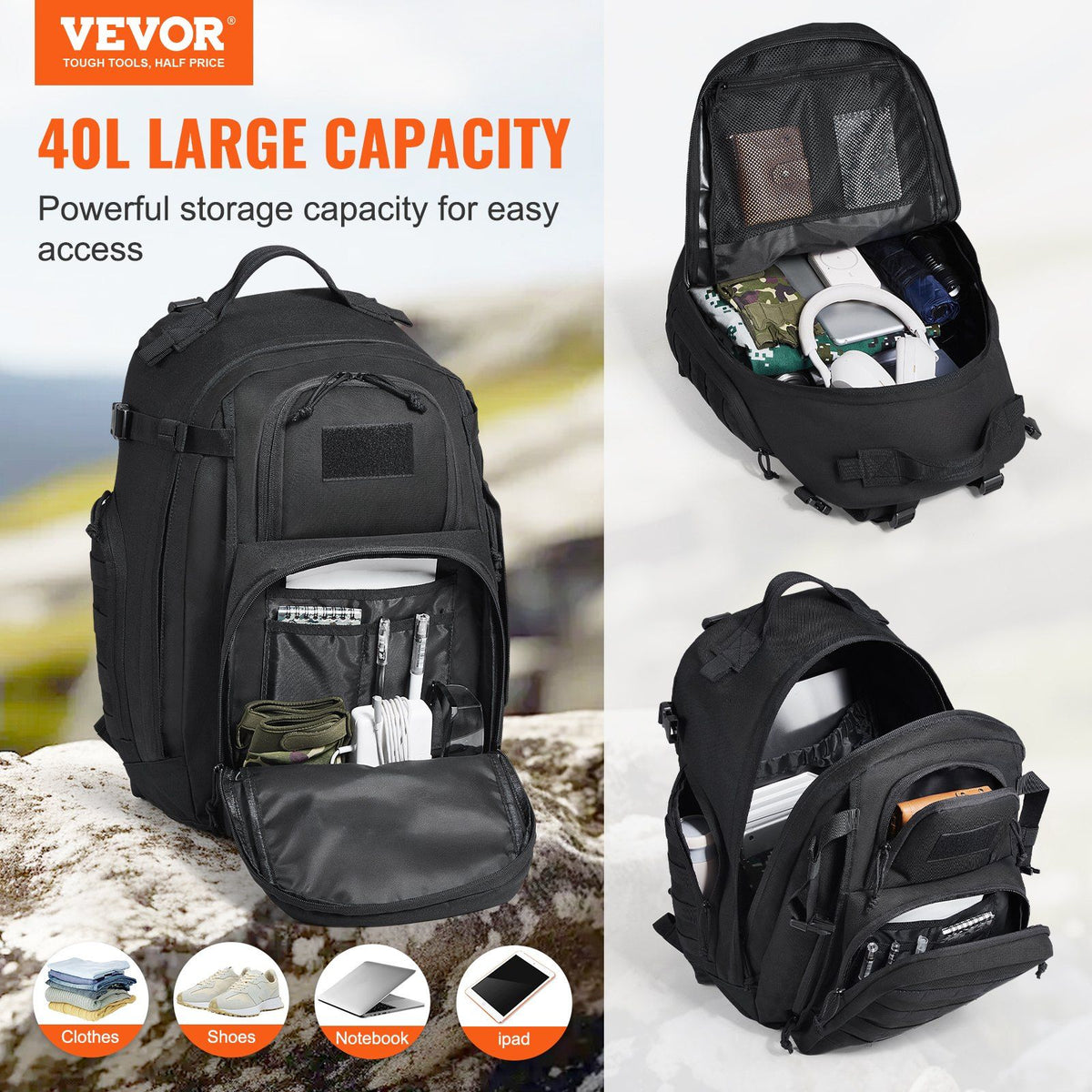 Vevor Tactical Backpack 40L Military Backpack with Molle Mode & Sponge Pad Army Assault Pack Bug Out Bag Camping Trekking Outdoor Rucksack Daily EDC Backpack, Black