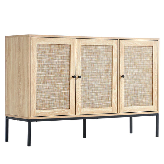 VEVOR Rattan Cabinet, Rattan Storage Cabinet 47inch with 3 Magnetic Doors and Adjustable Shelves, Sideboard Buffet Cabinet for Hallway, Entryway, Living Room, or Kitchen, Natural