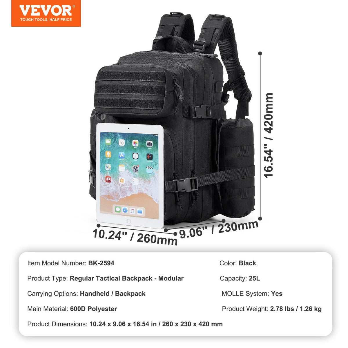 Tactical Backpack 25L Military Backpack with Molle Mode & 3 Compartments, Military Tactical Backpack For Men Molle Daypack 3 Day Bug Out Bag Hiking Rucksack With Bottle Holder