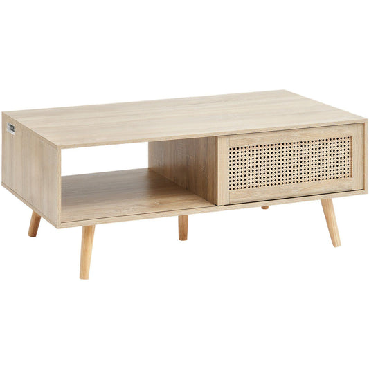 VEVOR Rattan Coffee Table, Mid Century Coffee Table, Rectangle Wood Coffee Table, 42 Inch Modern Boho Style Two Layers Storage Coffee Table, for Living Room, Bedroom & Small Spaces