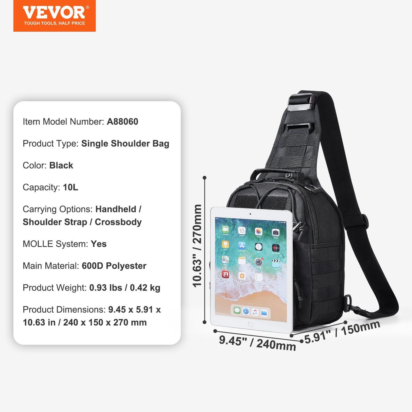 Tactical Sling Bag 10L Military Rover Shoulder Sling Backpack Black, for Men, Outdoor Military Rover Shoulder Sling Chest Pack MOLLE system, for Sports, Travel, Hiking, Range (Black)