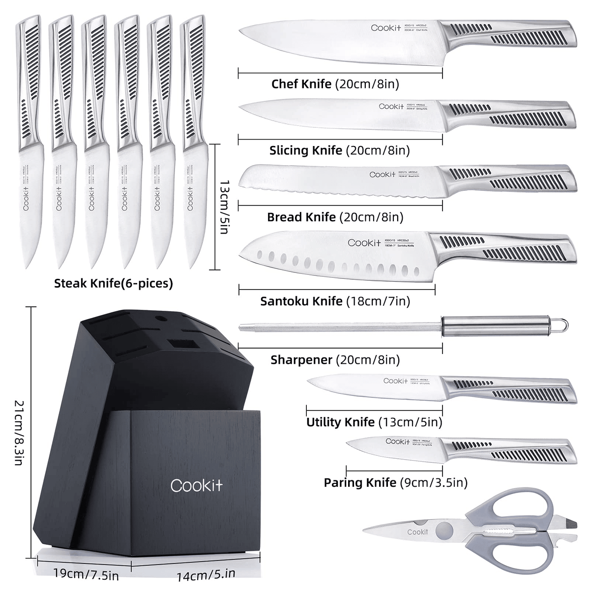 Kitchen Knife Set; 15 Piece Knife Sets with Block; Chef Knives with Non-Slip German Stainless Steel Hollow Handle Cutlery Set with Multifunctional Scissors Knife Sharpener Amazon Platform Banned