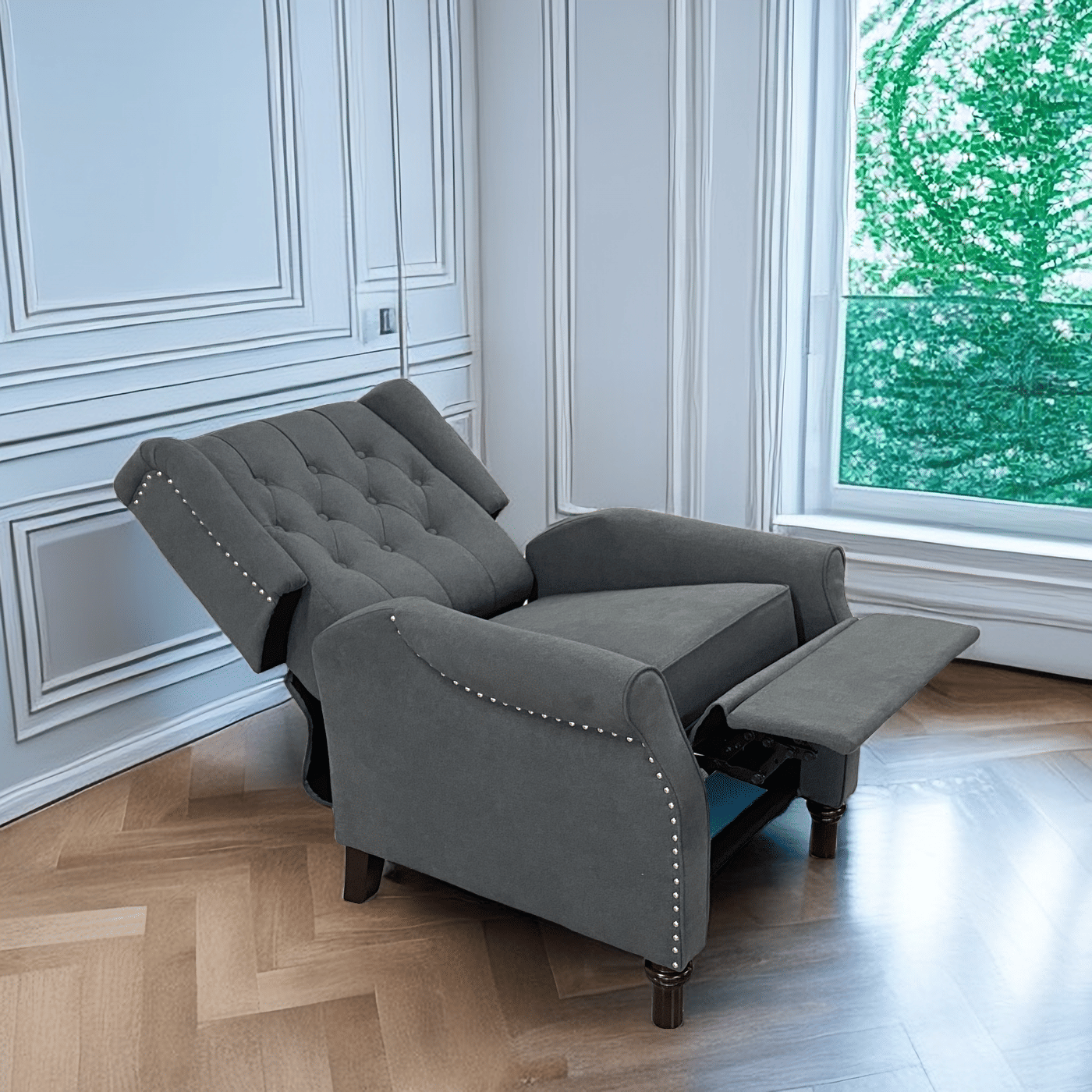 Redde Boo New Design Classic Dark Gray Waterproof Fabric Living Room Pull Button Sofa, High Back Manual Recliner Chair Cinema Home Theatre Cozy Recliner Sofa