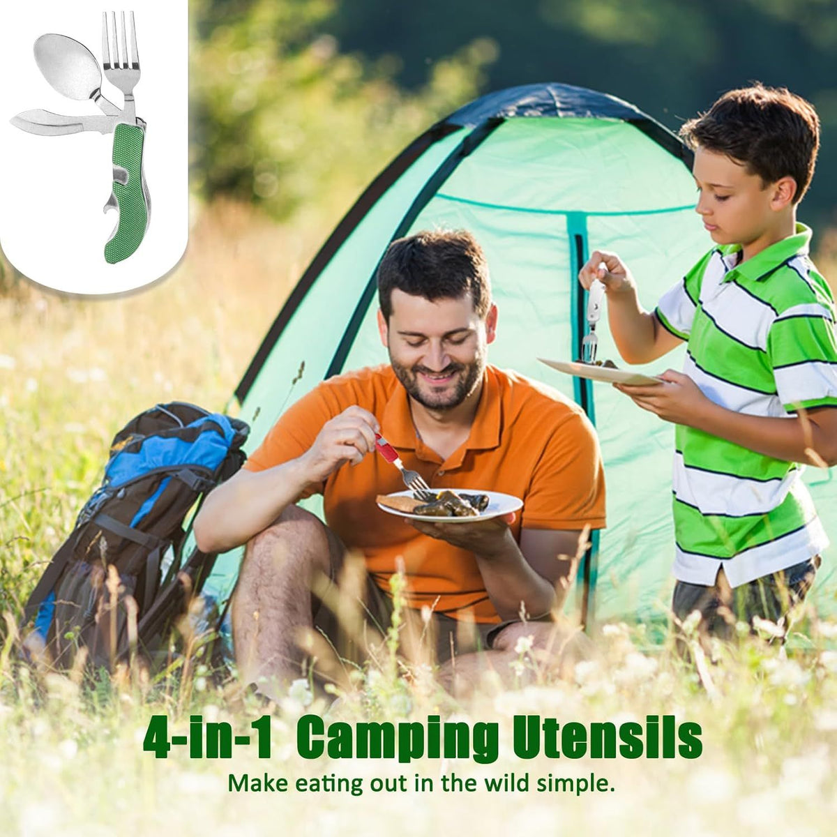 4-in-1 Portable Stainless Steel Cutlery with Fork, Spoon, Knife, and Bottle Opener - Lightweight, Detachable, and Durable Camping Silverware for Outdoor Events and Adventures