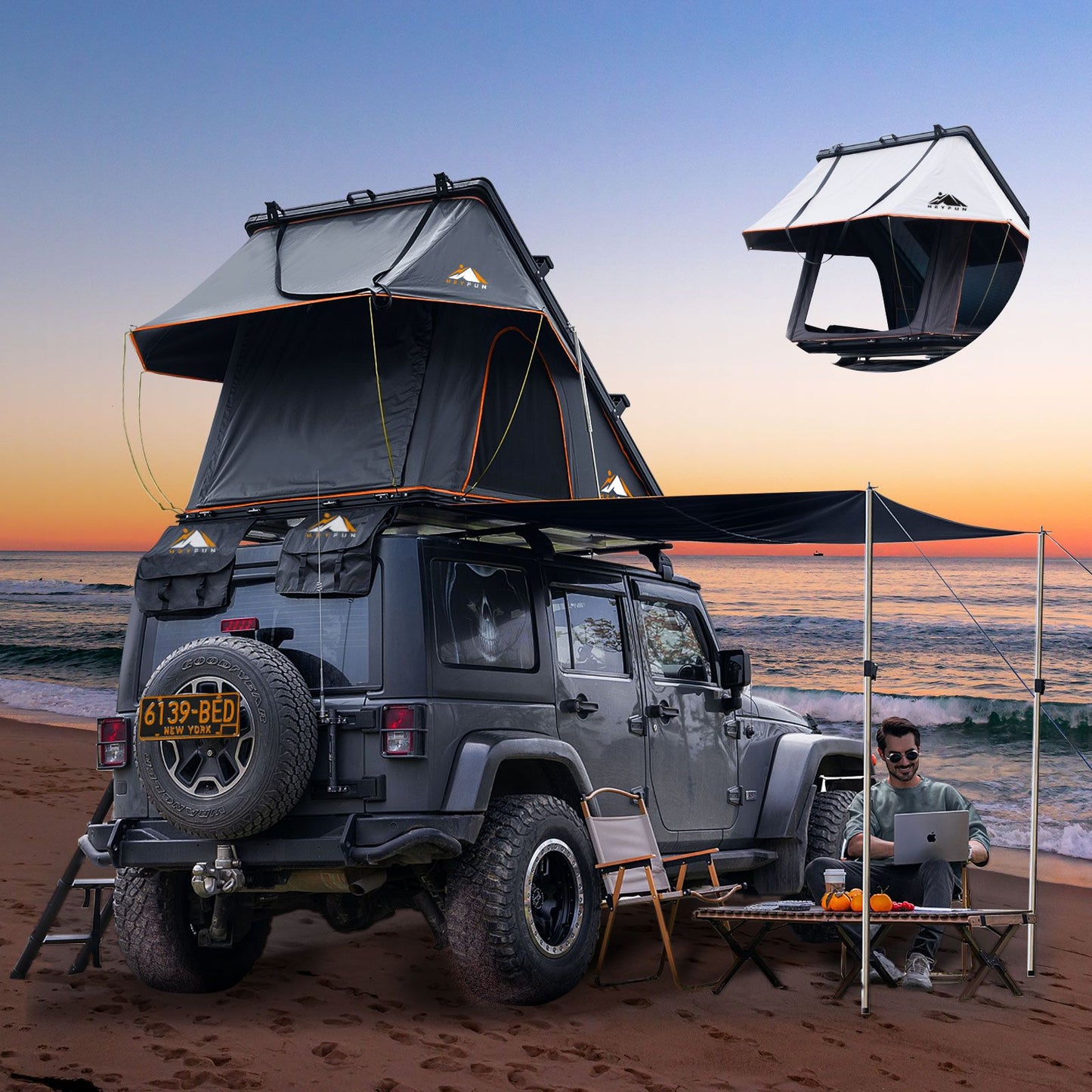 Adventurer Pro Rooftop Tent Hard Shell with USB Outlet, Side Awning, Replaceable Rain Fly&Luggage Racks for 4 Season Camping, Aluminum Pop Up 2-3 Person Roof Top Tent for Truck Jeep SUV Car Van