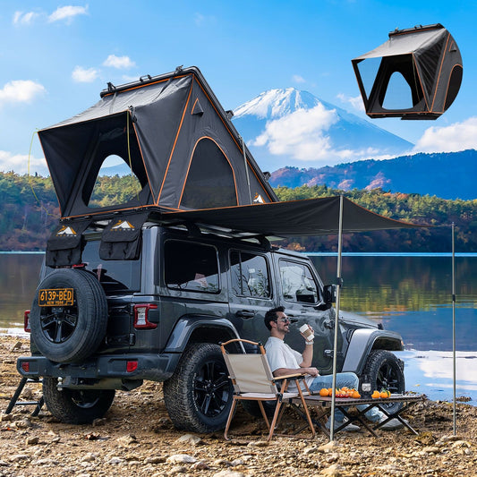 Explorer Pro Rooftop Tent Hard Shell with USB Outlet, Side Awning, Replaceable Netting Curtain&Luggage Racks for 4 Season Camping, Aluminum Pop Up 2-3 Person Roof Top Tent for Truck Jeep SUV Car Van