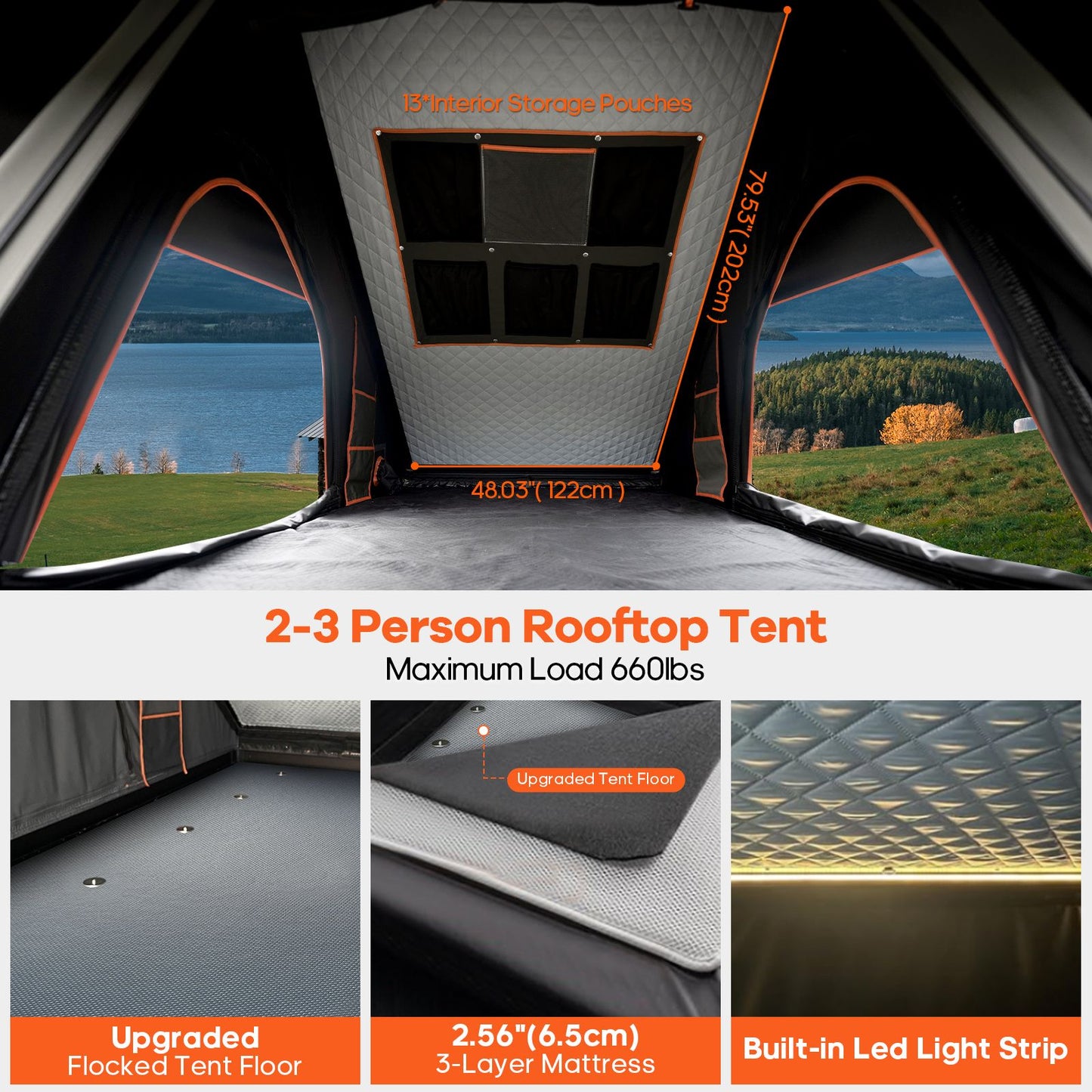 Explorer Pro Rooftop Tent Hard Shell with USB Outlet, Side Awning, Replaceable Netting Curtain&Luggage Racks for 4 Season Camping, Aluminum Pop Up 2-3 Person Roof Top Tent for Truck Jeep SUV Car Van