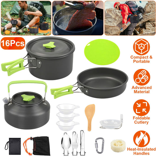 Camping Cooking Ware Set of 16Pcs Camping Stove Cookware Kit Aluminum Kettle with Bowls Knife Fork Spoon Carabiner Spatula Cutting Board for Hiking Picnic Outdoor