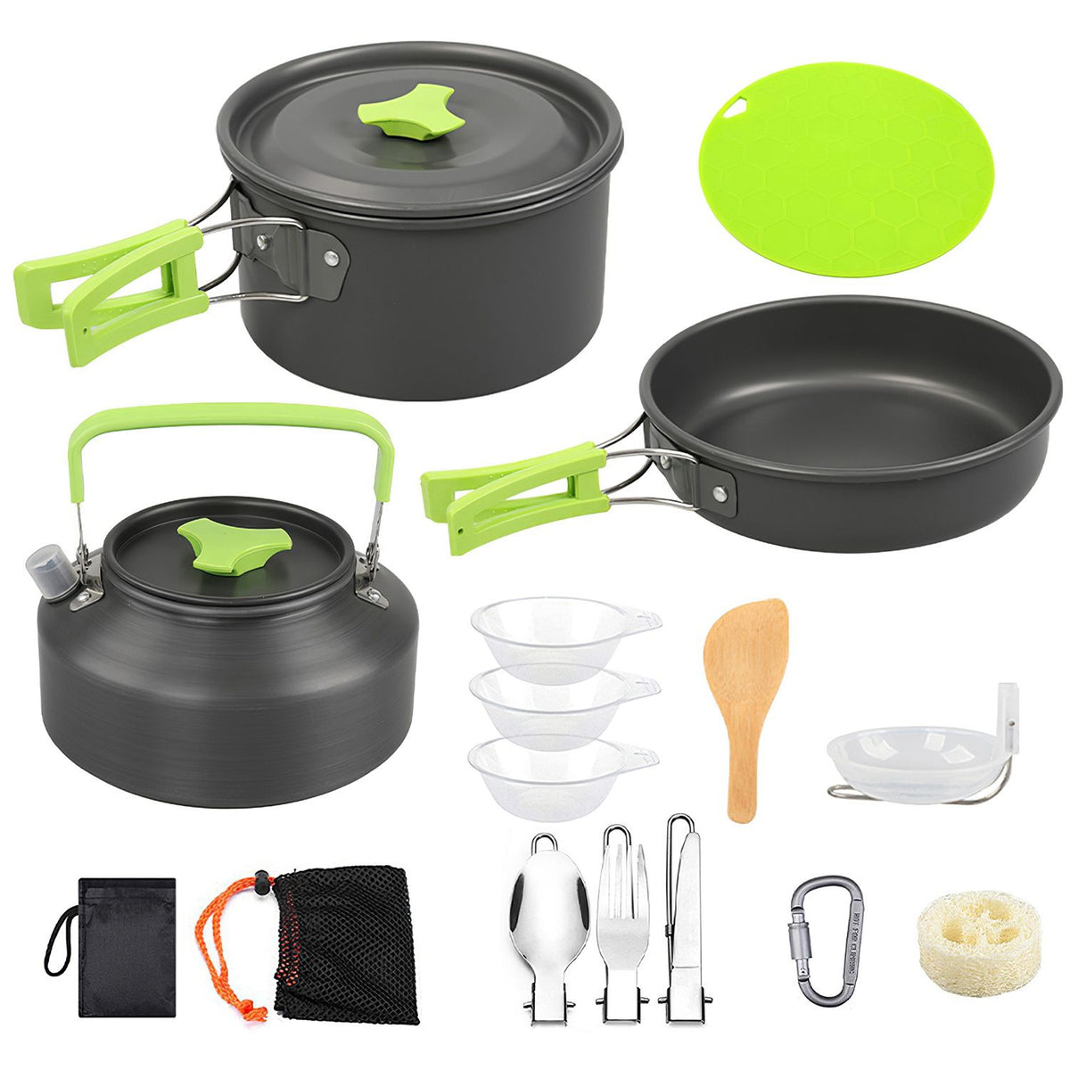 Camping Cooking Ware Set of 16Pcs Camping Stove Cookware Kit Aluminum Kettle with Bowls Knife Fork Spoon Carabiner Spatula Cutting Board for Hiking Picnic Outdoor