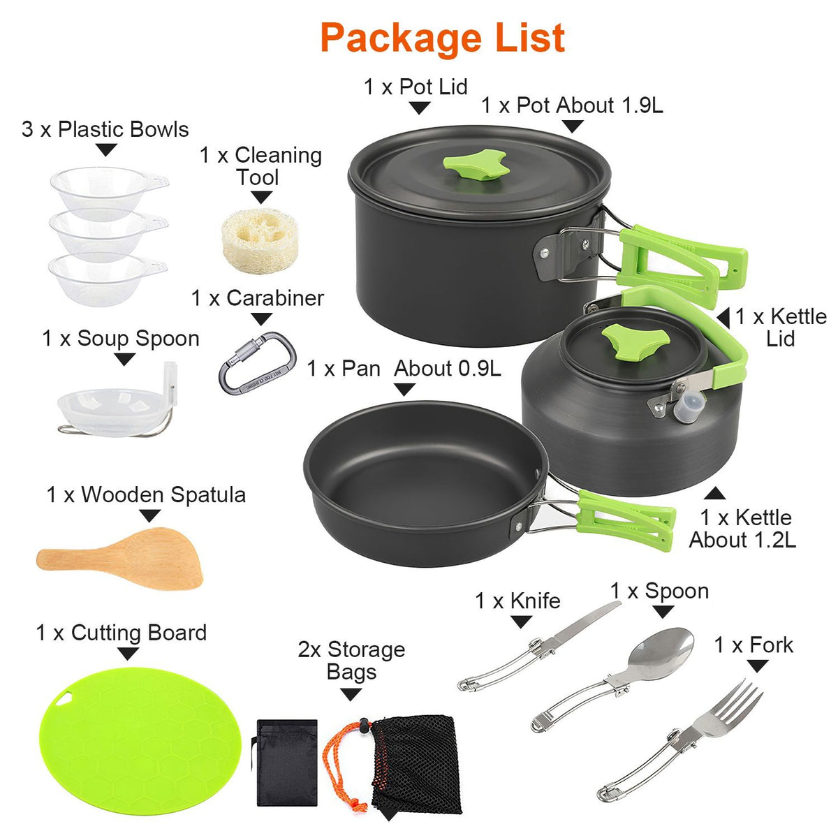 Camping Cooking Ware Set of 16Pcs Camping Stove Cookware Kit Aluminum Kettle with Bowls Knife Fork Spoon Carabiner Spatula Cutting Board for Hiking Picnic Outdoor