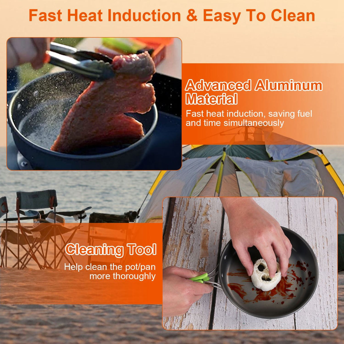 Camping Cooking Ware Set of 16Pcs Camping Stove Cookware Kit Aluminum Kettle with Bowls Knife Fork Spoon Carabiner Spatula Cutting Board for Hiking Picnic Outdoor
