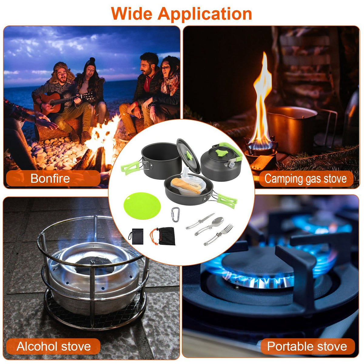 Camping Cooking Ware Set of 16Pcs Camping Stove Cookware Kit Aluminum Kettle with Bowls Knife Fork Spoon Carabiner Spatula Cutting Board for Hiking Picnic Outdoor