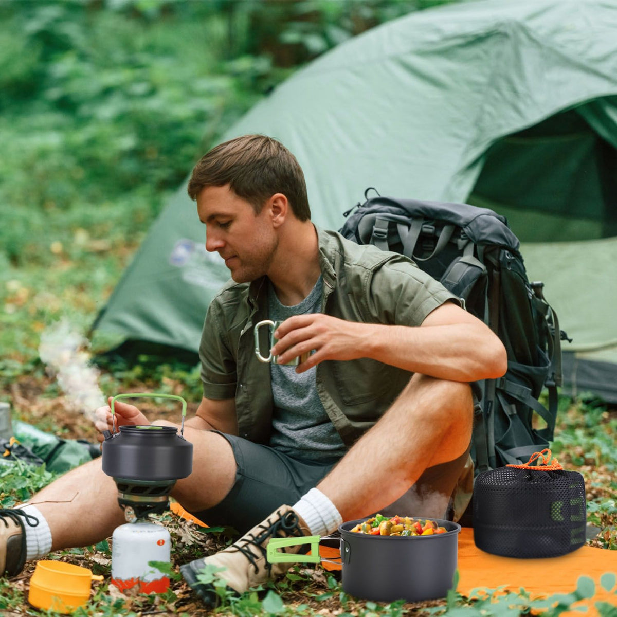 Camping Cooking Ware Set of 16Pcs Camping Stove Cookware Kit Aluminum Kettle with Bowls Knife Fork Spoon Carabiner Spatula Cutting Board for Hiking Picnic Outdoor