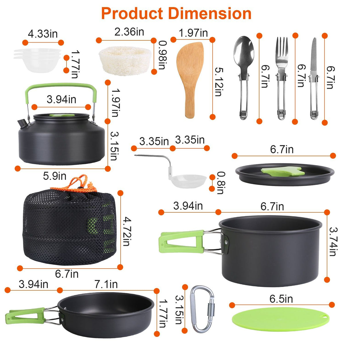 Camping Cooking Ware Set of 16Pcs Camping Stove Cookware Kit Aluminum Kettle with Bowls Knife Fork Spoon Carabiner Spatula Cutting Board for Hiking Picnic Outdoor