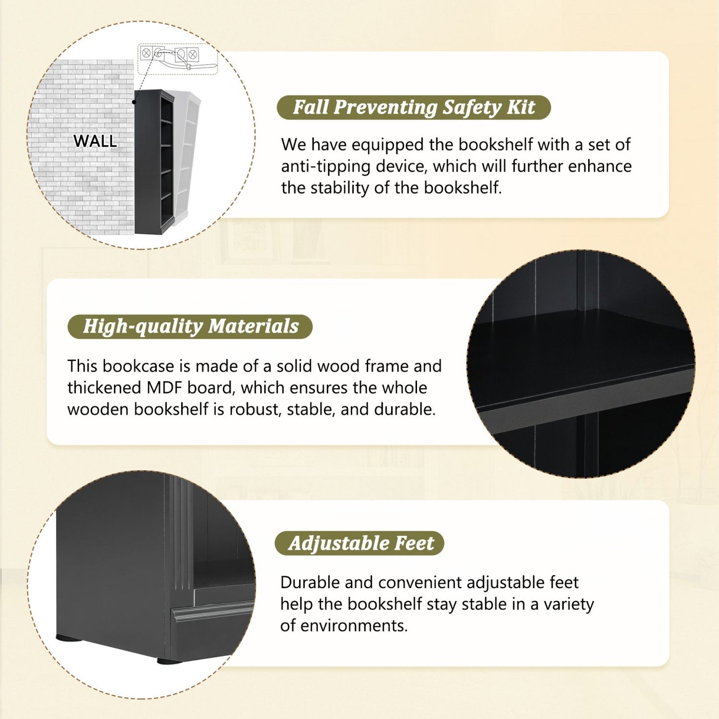 83.4" Tall Wood Bookcase with light strip,5-Tier Decor Bookshelves with Adjustable Shelves,Storage Organizer for CDs/Books/Movies,Free Standing Storage Shelves for Living Room,Home Office,Black