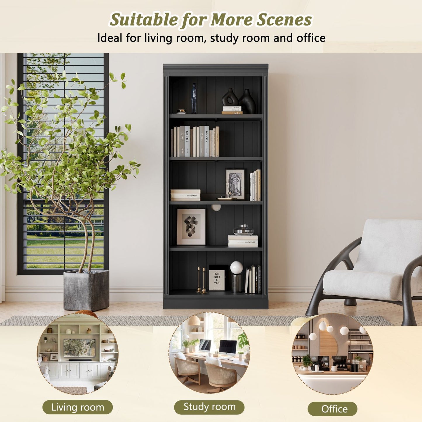 83.4" Tall Wood Bookcase with light strip,5-Tier Decor Bookshelves with Adjustable Shelves,Storage Organizer for CDs/Books/Movies,Free Standing Storage Shelves for Living Room,Home Office,Black