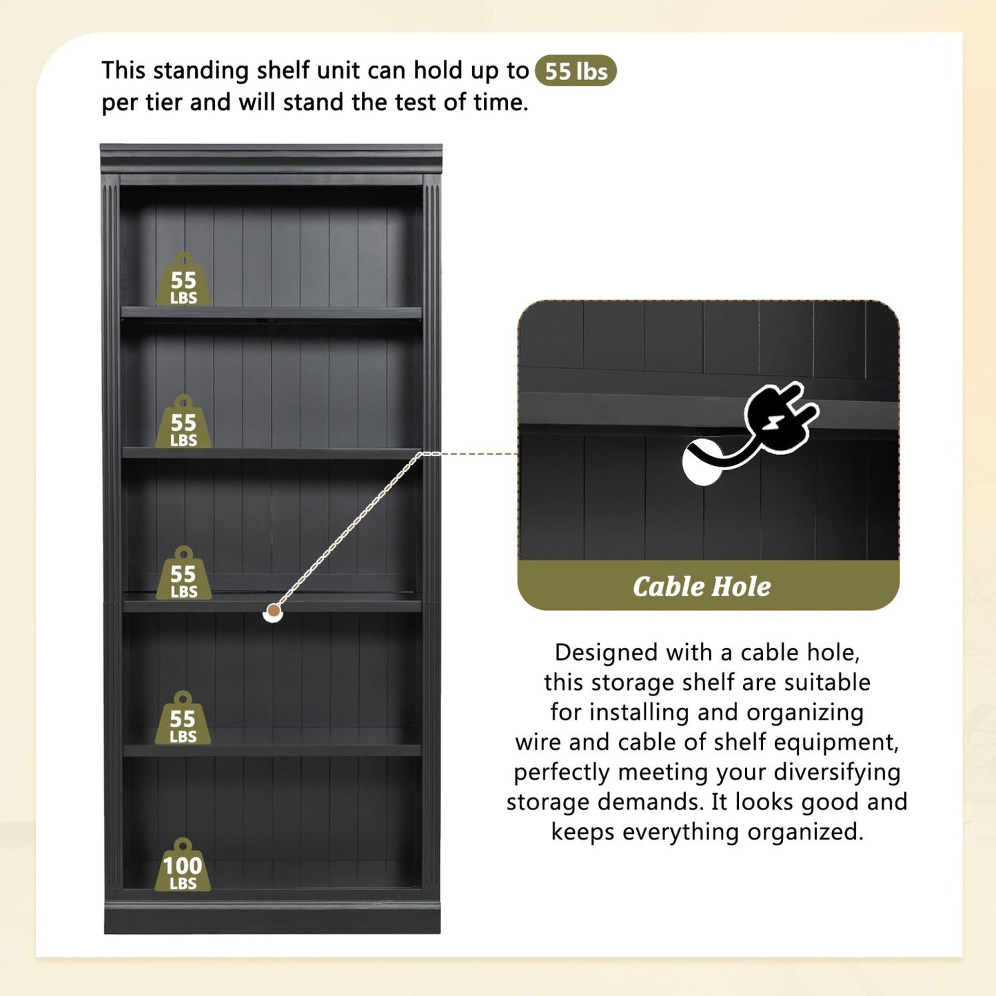 83.4" Tall Wood Bookcase with light strip,5-Tier Decor Bookshelves with Adjustable Shelves,Storage Organizer for CDs/Books/Movies,Free Standing Storage Shelves for Living Room,Home Office,Black