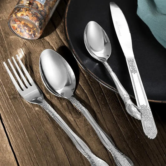Product Name : Deluxe Premium Cutlery Flatware Set for the Home - Stainless steel cutlery service with 1 dinner fork, 1 dinner knife, 1 dinner spoon and 1 tea spoon - Durable, elegant and rust-resista