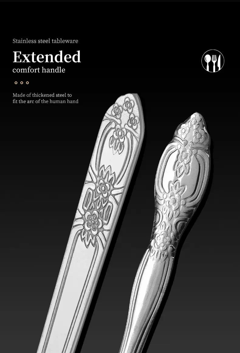 Product Name : Deluxe Premium Cutlery Flatware Set for the Home - Stainless steel cutlery service with 1 dinner fork, 1 dinner knife, 1 dinner spoon and 1 tea spoon - Durable, elegant and rust-resista