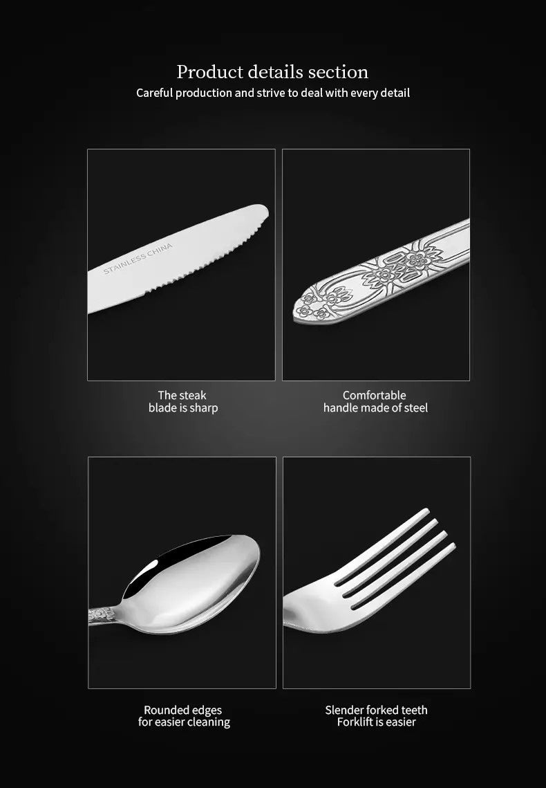 Product Name : Deluxe Premium Cutlery Flatware Set for the Home - Stainless steel cutlery service with 1 dinner fork, 1 dinner knife, 1 dinner spoon and 1 tea spoon - Durable, elegant and rust-resista