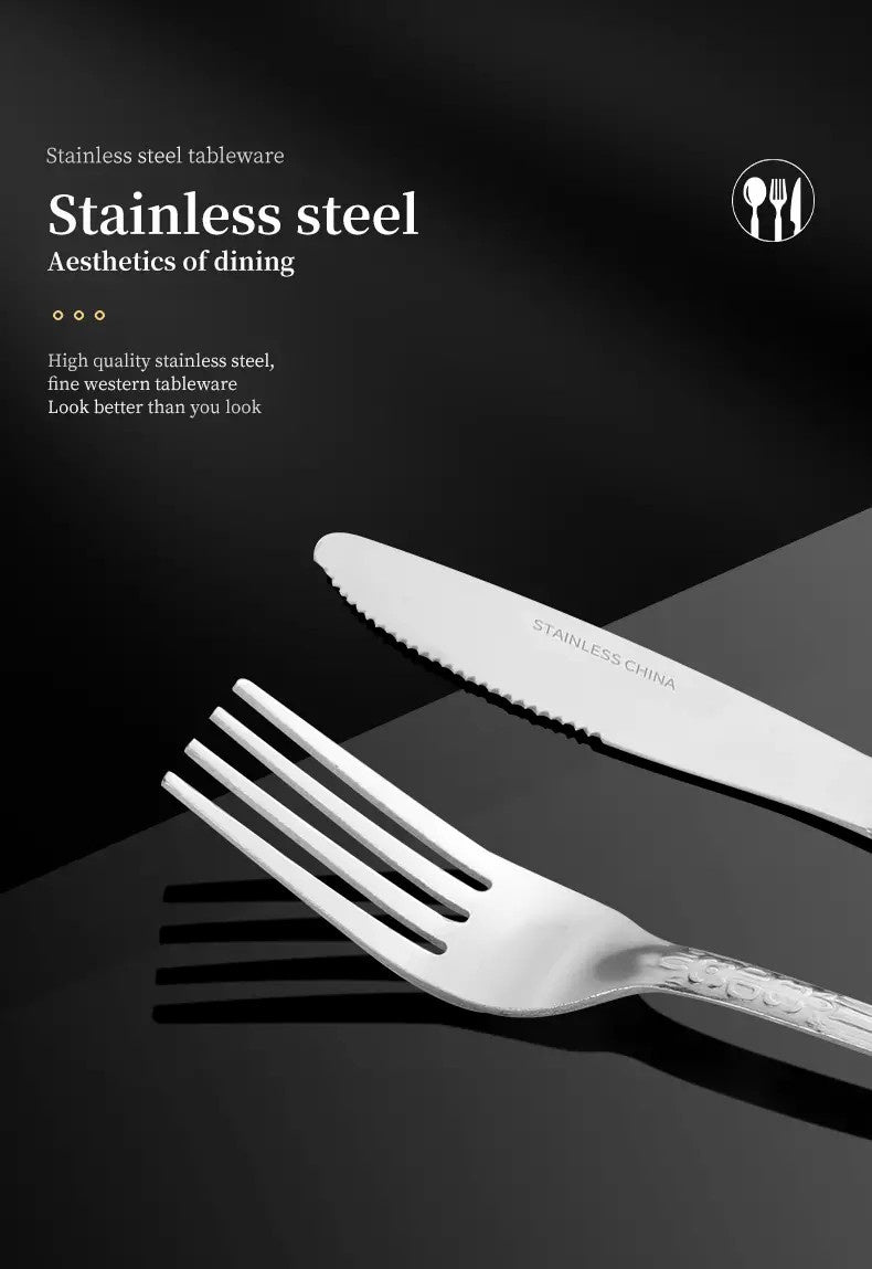 Product Name : Deluxe Premium Cutlery Flatware Set for the Home - Stainless steel cutlery service with 1 dinner fork, 1 dinner knife, 1 dinner spoon and 1 tea spoon - Durable, elegant and rust-resista