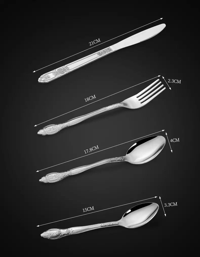 Product Name : Deluxe Premium Cutlery Flatware Set for the Home - Stainless steel cutlery service with 1 dinner fork, 1 dinner knife, 1 dinner spoon and 1 tea spoon - Durable, elegant and rust-resista