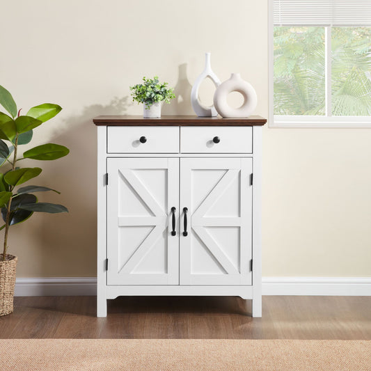 Farmhouse Buffet Cabinet with Drawer and Adjustable Shelf, Rustic White & Honey Brown Storage Cabinet, Barn Door Accent Sideboard for Kitchen, Living Room, Entryway