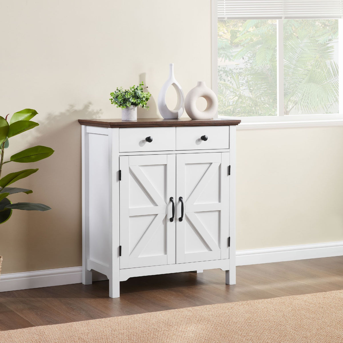 Farmhouse Buffet Cabinet with Drawer and Adjustable Shelf, Rustic White & Honey Brown Storage Cabinet, Barn Door Accent Sideboard for Kitchen, Living Room, Entryway
