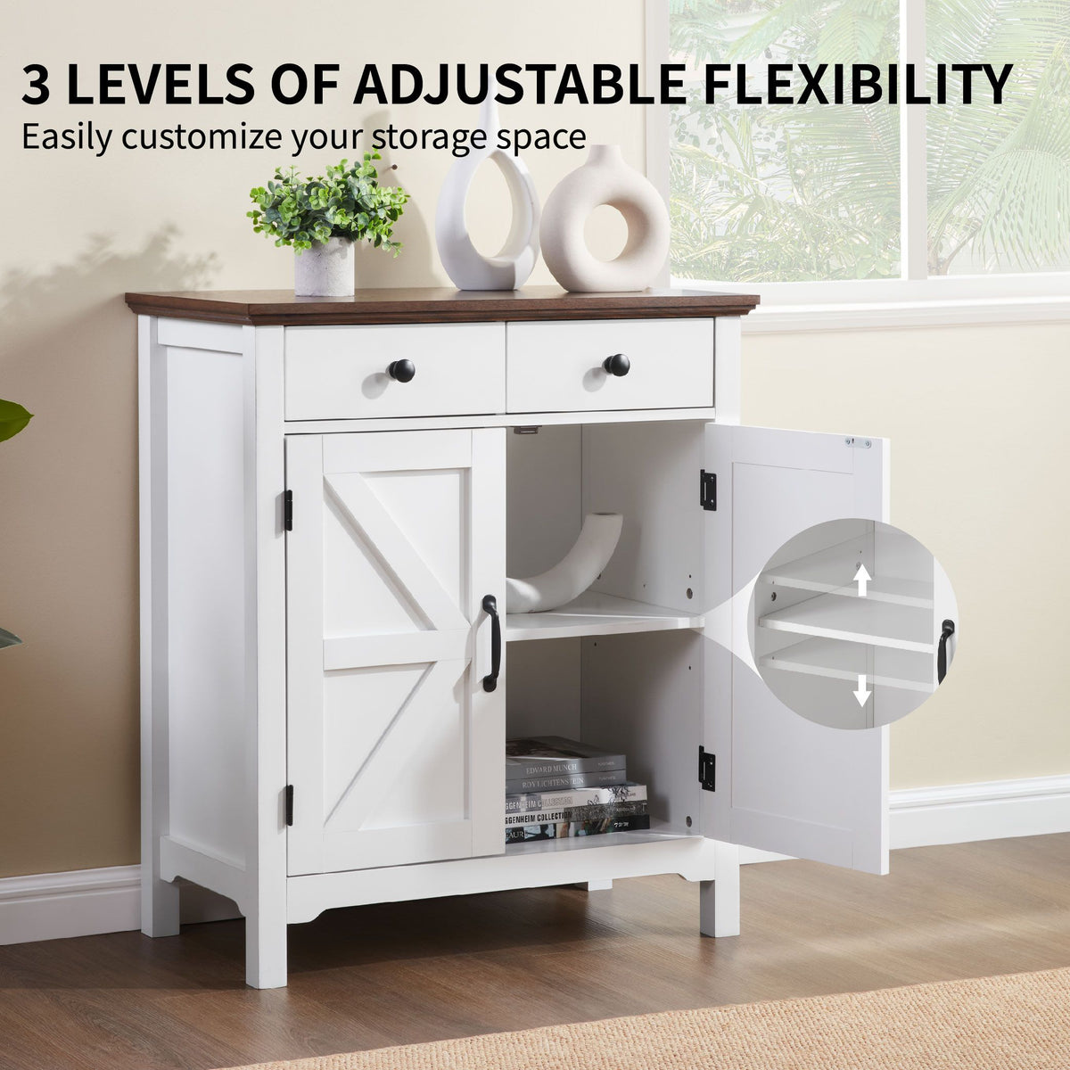 Farmhouse Buffet Cabinet with Drawer and Adjustable Shelf, Rustic White & Honey Brown Storage Cabinet, Barn Door Accent Sideboard for Kitchen, Living Room, Entryway