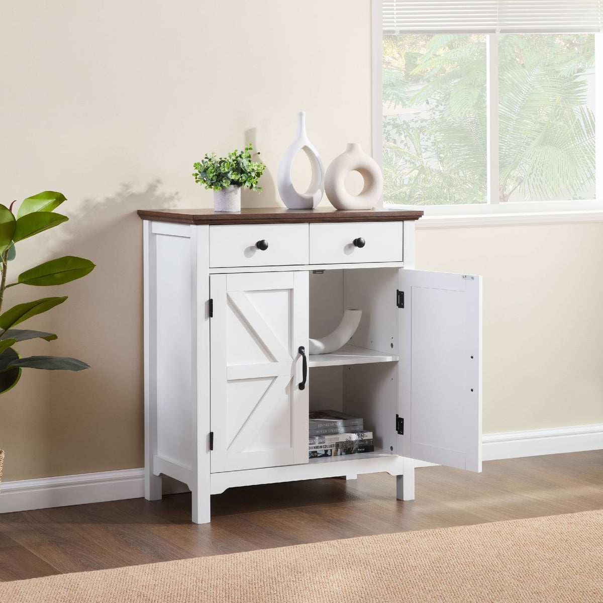 Farmhouse Buffet Cabinet with Drawer and Adjustable Shelf, Rustic White & Honey Brown Storage Cabinet, Barn Door Accent Sideboard for Kitchen, Living Room, Entryway