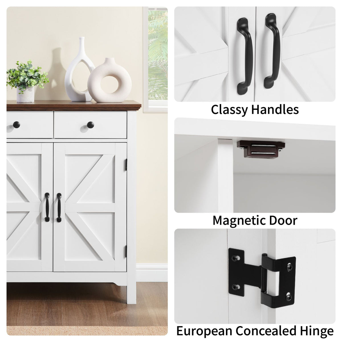 Farmhouse Buffet Cabinet with Drawer and Adjustable Shelf, Rustic White & Honey Brown Storage Cabinet, Barn Door Accent Sideboard for Kitchen, Living Room, Entryway