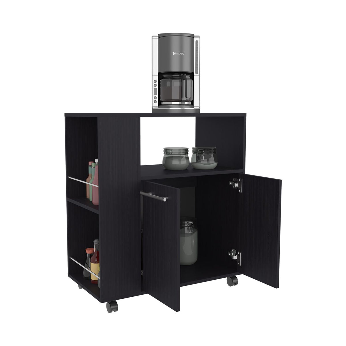 FM FURNITURE Linden Kitchen Cart with Microwave Shelf. Open Storage. and Two-Door Cabinet. Wengue