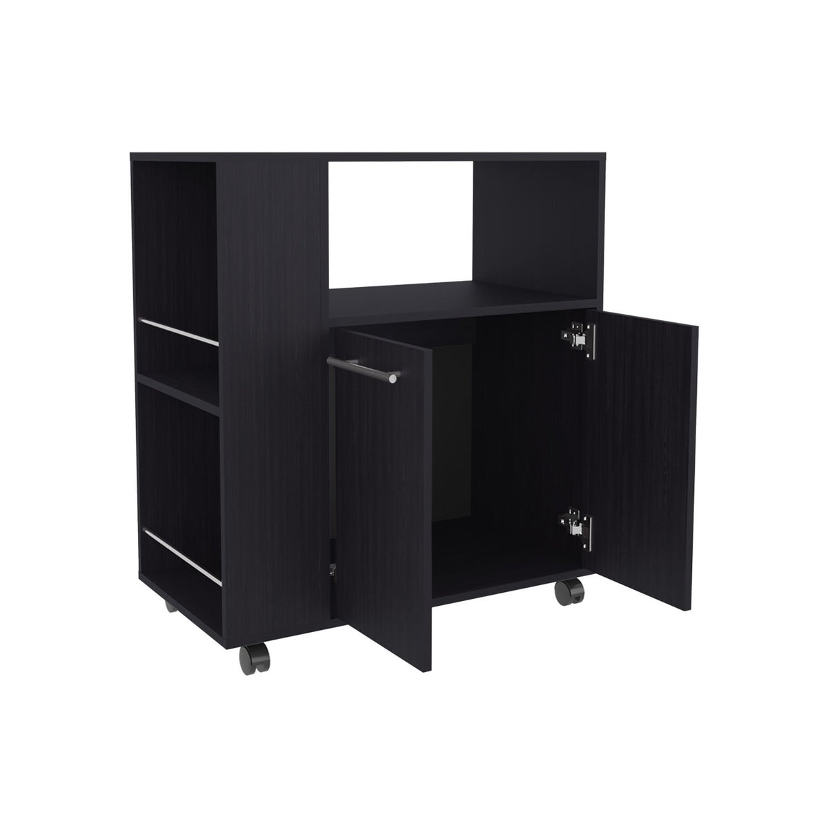 FM FURNITURE Linden Kitchen Cart with Microwave Shelf. Open Storage. and Two-Door Cabinet. Wengue