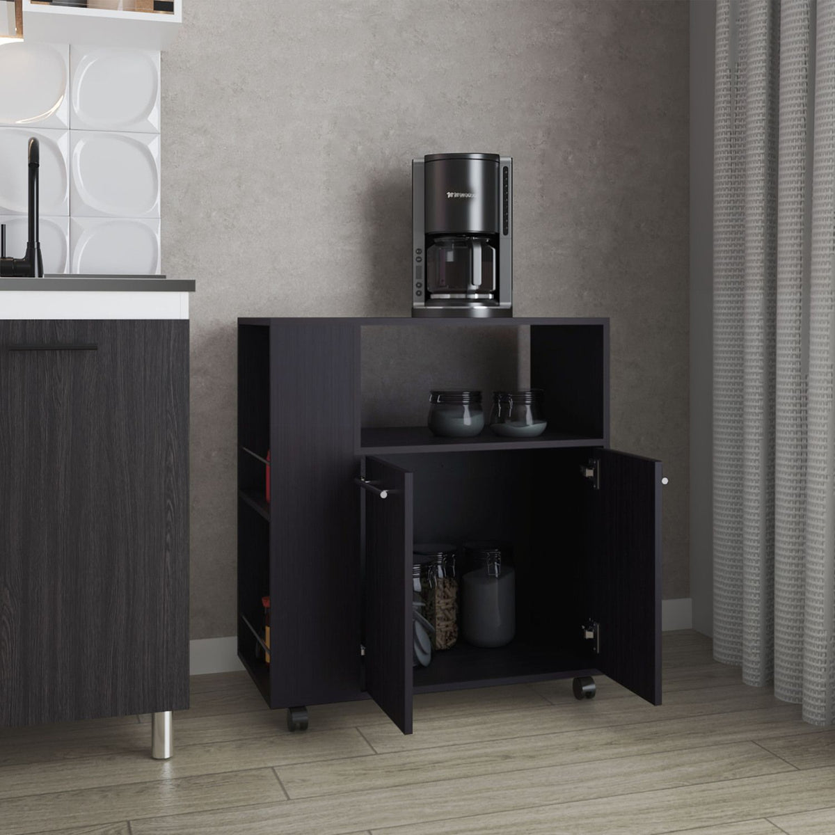 FM FURNITURE Linden Kitchen Cart with Microwave Shelf. Open Storage. and Two-Door Cabinet. Wengue