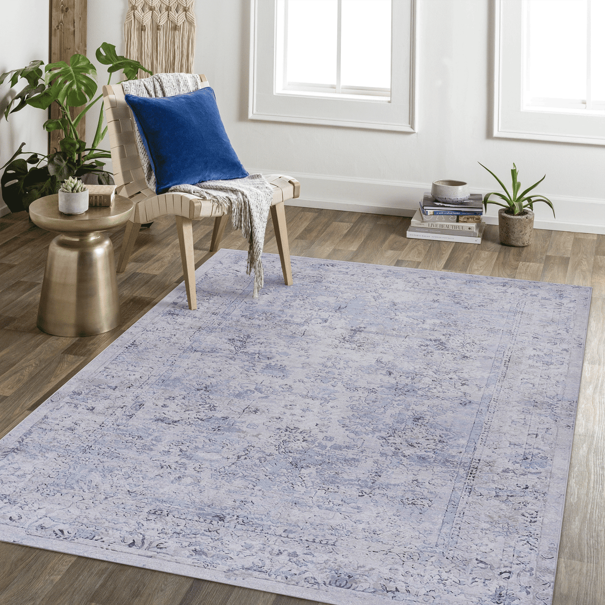 LOOM & LUXE Area Rug 6x9, Washable Rug, Low-Pile, Non-Slip, Non-Shedding, Foldable, Kid & Pet Friendly - Area Rugs for living room, bedroom, kitchen (Blue/Cream, 6' x 9')