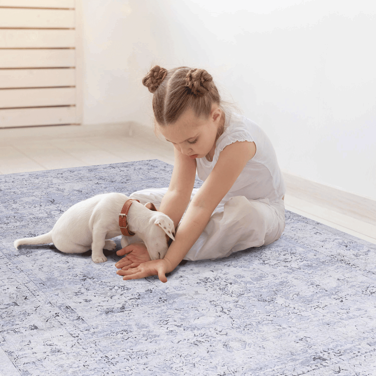 LOOM & LUXE Area Rug 6x9, Washable Rug, Low-Pile, Non-Slip, Non-Shedding, Foldable, Kid & Pet Friendly - Area Rugs for living room, bedroom, kitchen (Blue/Cream, 6' x 9')