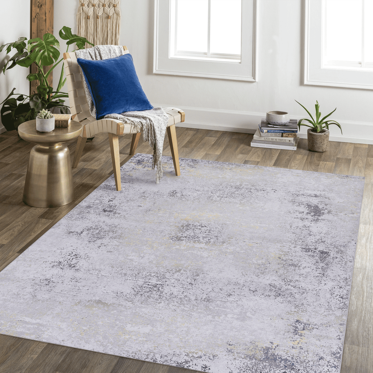 LOOM & LUXE 5x8 Area Rug, Washable Rug, Low-Pile, Non-Slip, Non-Shedding, Foldable, Kid & Pet Friendly - Area Rugs for living room, bedroom, kitchen (Gray/Gold, 5' x 8')
