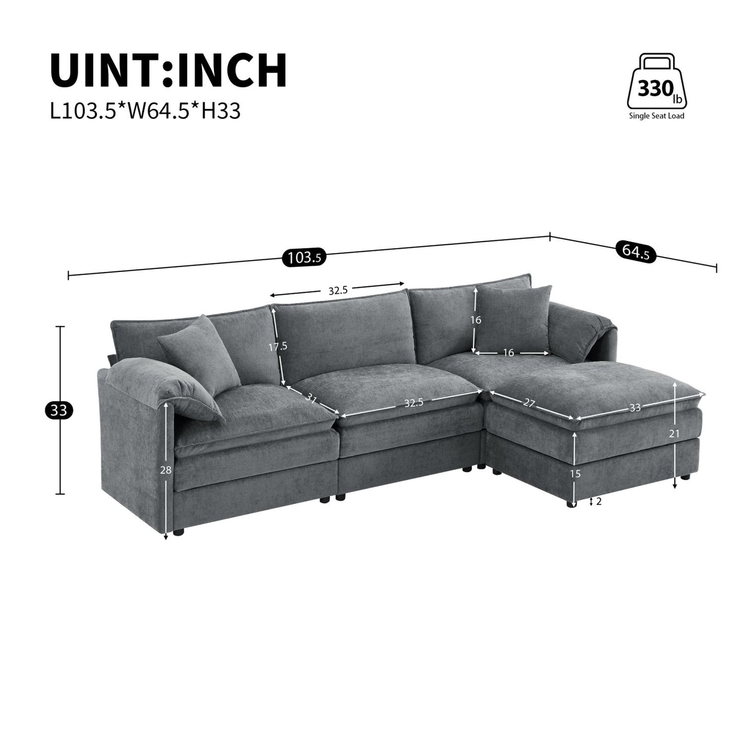 [VIDEO]103.5" Chenille Modular Sectional Sofa with Deep and Wide Seat,L Shaped Cloud Couch Set with Double Cushions,4 Seat Sofa with Movable Ottoman,Oversized Indoor Furniture for Living Room,3 Colors