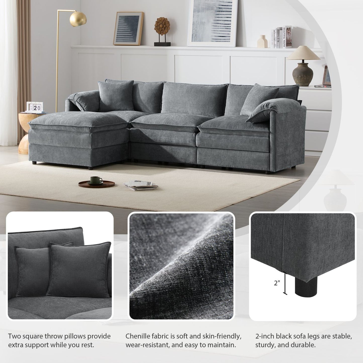 [VIDEO]103.5" Chenille Modular Sectional Sofa with Deep and Wide Seat,L Shaped Cloud Couch Set with Double Cushions,4 Seat Sofa with Movable Ottoman,Oversized Indoor Furniture for Living Room,3 Colors