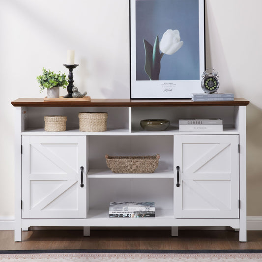 Farmhouse Sideboard Buffet Cabinet with Hinged Barn Doors, 58" Large Kitchen Storage Cabinet with Adjustable Shelves, Antique White Wood Coffee Bar Table for Dining Room, Living Room, Enterway