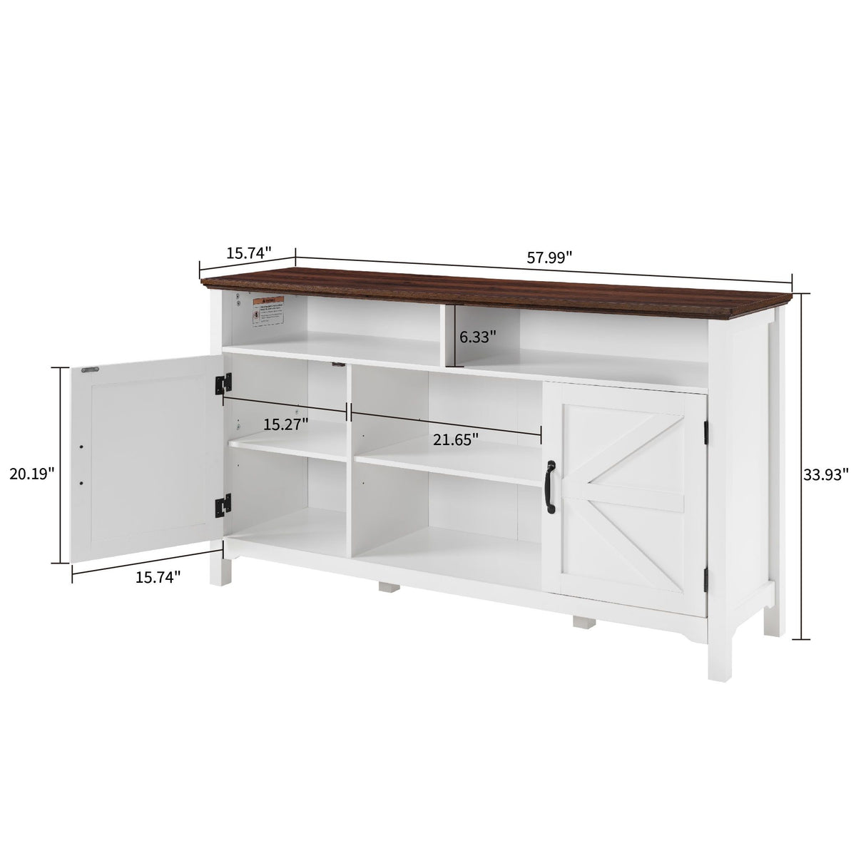 Farmhouse Sideboard Buffet Cabinet with Hinged Barn Doors, 58" Large Kitchen Storage Cabinet with Adjustable Shelves, Antique White Wood Coffee Bar Table for Dining Room, Living Room, Enterway