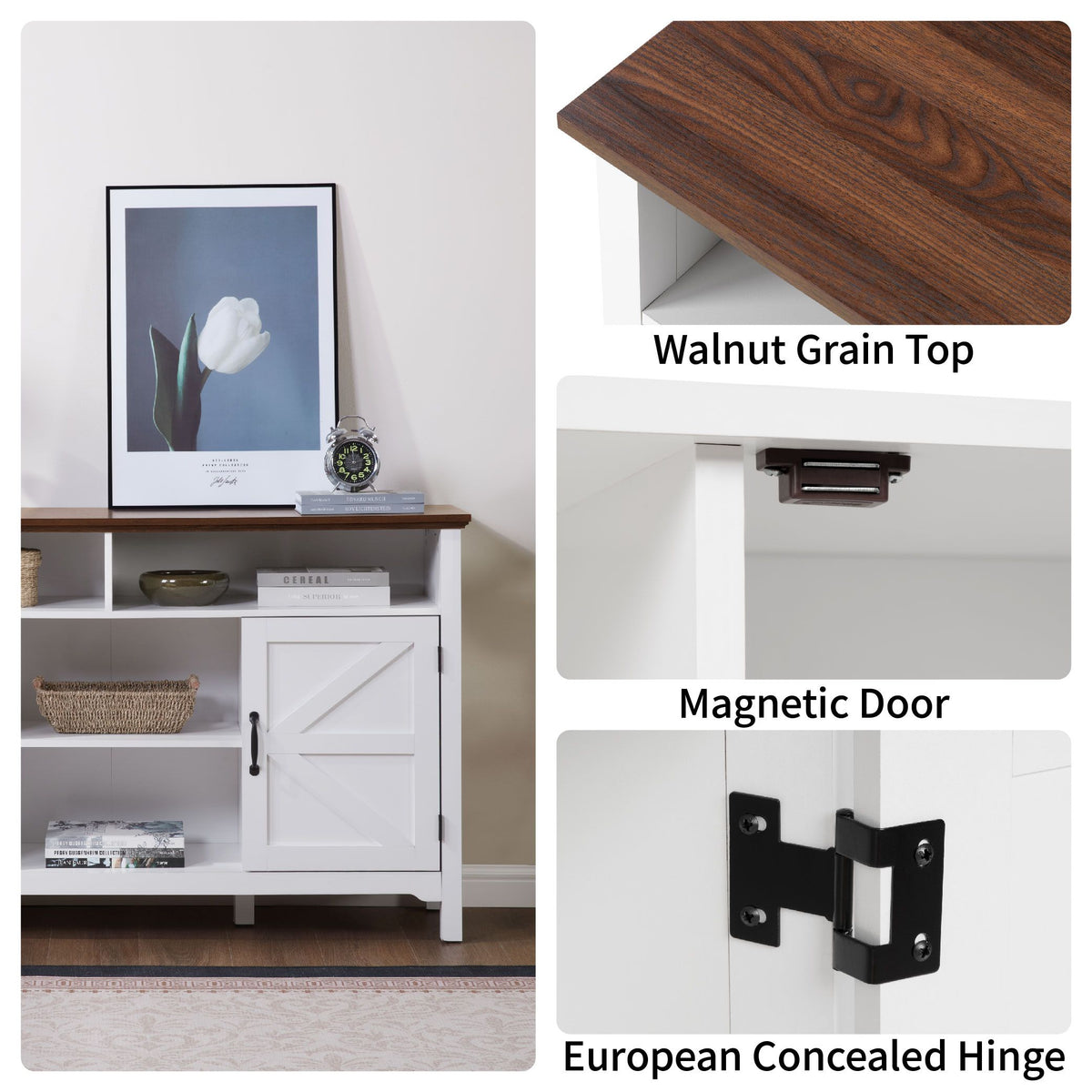 Farmhouse Sideboard Buffet Cabinet with Hinged Barn Doors, 58" Large Kitchen Storage Cabinet with Adjustable Shelves, Antique White Wood Coffee Bar Table for Dining Room, Living Room, Enterway