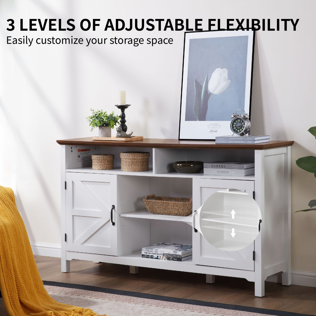 Farmhouse Sideboard Buffet Cabinet with Hinged Barn Doors, 58" Large Kitchen Storage Cabinet with Adjustable Shelves, Antique White Wood Coffee Bar Table for Dining Room, Living Room, Enterway