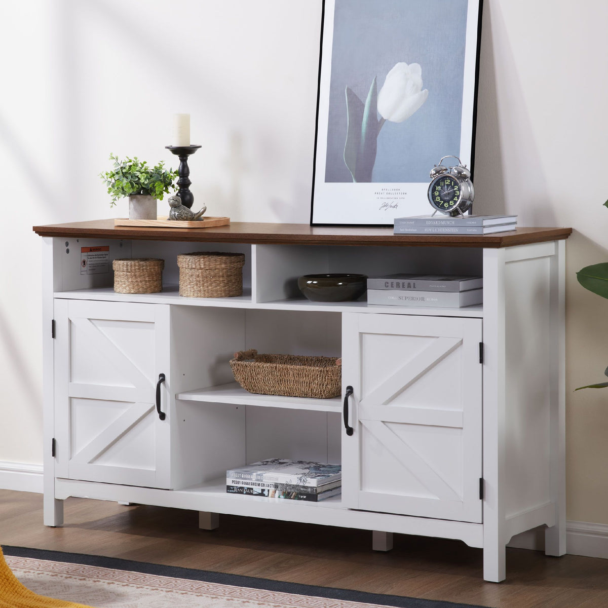 Farmhouse Sideboard Buffet Cabinet with Hinged Barn Doors, 58" Large Kitchen Storage Cabinet with Adjustable Shelves, Antique White Wood Coffee Bar Table for Dining Room, Living Room, Enterway